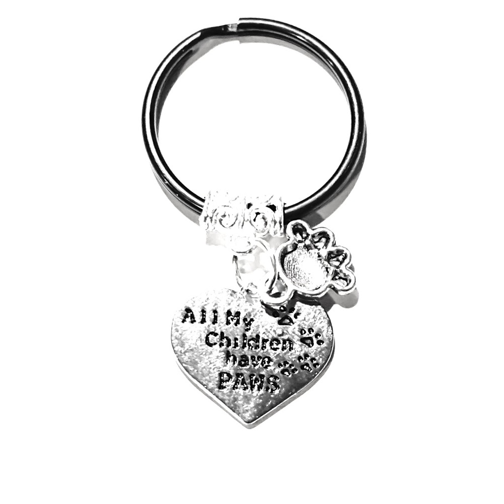 All My Children Have Paws Silver Heart and Paw Keychain